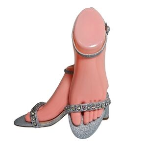 Jewel Badgley Mischka  Odonna Silver Glitter Open Toe Block Heel Sandals sz 6.5